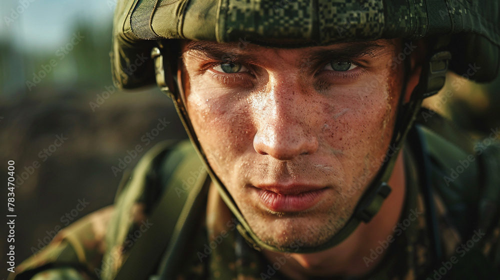 Intense Gaze, Close-up of a soldier with a focused expression in camouflage attire.