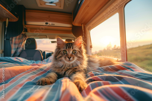 Feline Road Trip, Long-haired cat lounging in a camper van at sunset