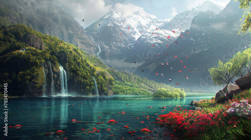 Enchanted Mountain Paradise, Breathtaking fantasy landscape with a crystal-clear lake, red flowers, waterfalls, and mountains.