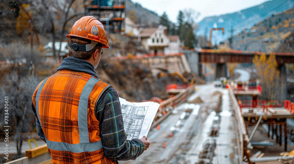 An engineer holds blueprints and looks at a bridge being built An engineer holds blueprints and looks at a bridge being built