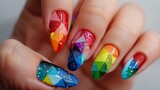 Fingernails painted in a rainbow of colors with geometric patterns and glitter accents creating a mesmerizing design. .