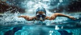 Athlete in Peak Form Glides Through Water in Olympic Race. Concept Swimming Techniques, Competitive Sports, Olympic Games, Physical Endurance