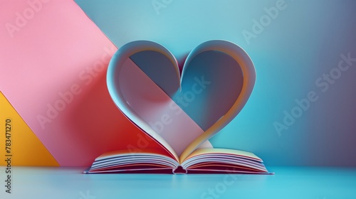 Open book with its pages forming a heart shape on a pastel color backdrop. World book day background 