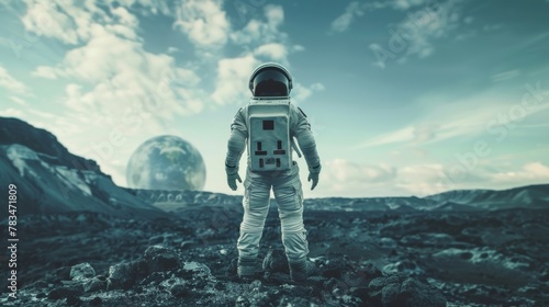 A portrait of an astronaut standing on a desolate and barren planet their helmet lifted as they gaze into the endless horizon. The isolation of their surroundings reflects the isolation .