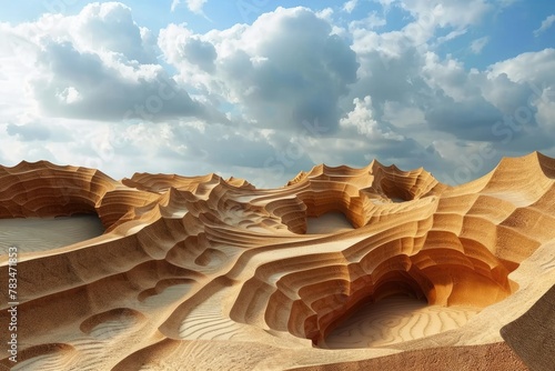 A surreal desert landscape with sand dunes shaped like hexagons