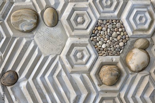 A zen garden with pebbles arranged in hexagonal patterns