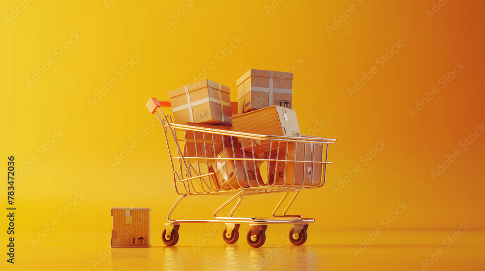 A fast moving cart full of parcel and box. Online shopping e commerce concept.