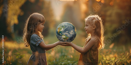 Two young girls smiling, holding a small model of Earth in their hands, symbolizing unity and care for the planet.