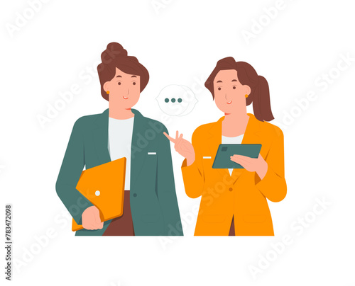 Two professional businesswoman having discussion, office talk, communicating, conversation, business meeting concept illustration