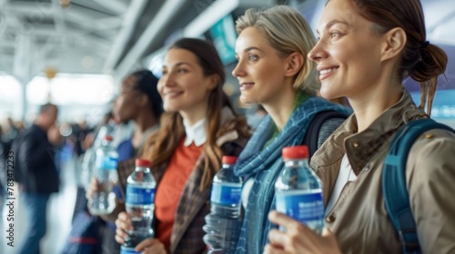 A photo of a group of passengers waiting to board a flight each holding refillable water bottles and reusable snack containers highlighting the growing trend of ecoconscious travelers .