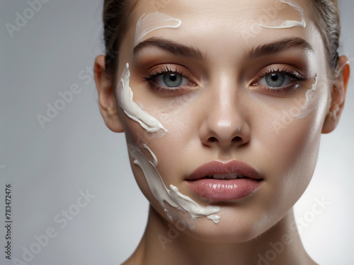 Beautiful young woman gets cream in the face. Skin care concept. Stunning caucasian woman with perfect health clean skin. Portrait of an Attractive girl with blue eyes, closeup. 