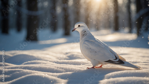 A white pigeon standing in the snow   © Mujtaba
