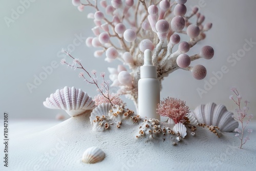 A white skincare bottle is surrounded by pink and beige seashells, corals, and small flowers on a light background. Product photography in soft grey-pink tones, featuring a mock-up dropper bottle.