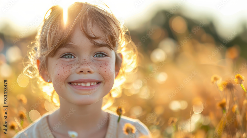 Smiling child with freckles, playing in sunlit meadow
Smiling child with freckles, playing in sunlit meadow