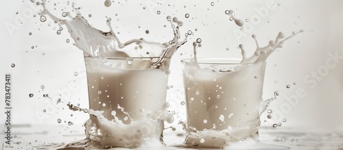 Two transparent glass cups filled with white milk are being simultaneously poured into a larger glass, creating splashes and ripples