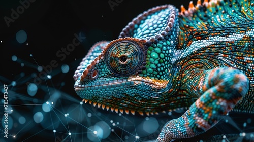 Digital chameleon in neon colors. Big data visualization. Information aesthetic design. Animal learning. Generative AI © kovalovds