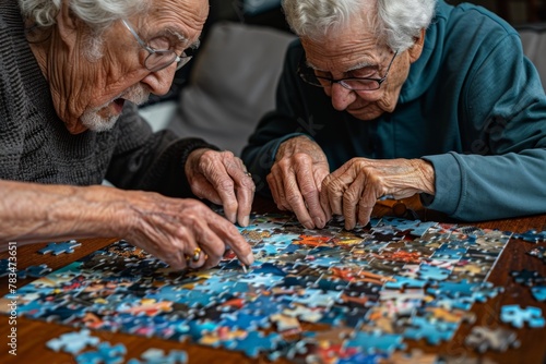 Two seniors deeply engrossed in solving a jigsaw puzzle together indoors.