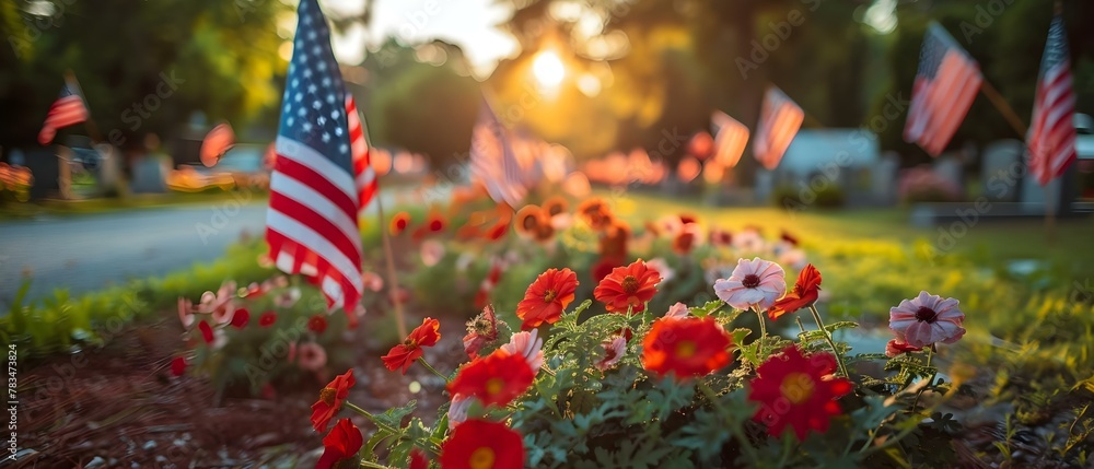 Sunset Salute to Fallen Heroes: Flags and Flowers at a Military Cemetery. Concept Remembrance Ceremony, Honoring Military, Sunset Tribute, Memorial Flags, Floral Decorations
