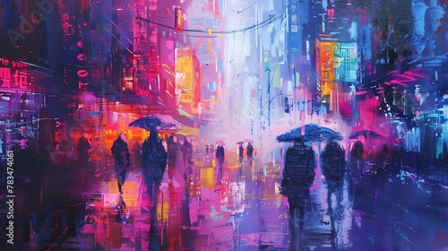 Illustrate a futuristic dystopian society where fashion rebels stand out in vibrant acrylic colors through a hazy, dreamy street scene in an Impressionist approach