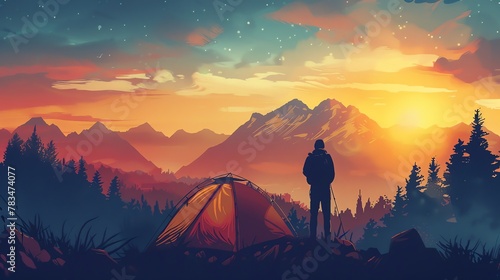 Depict a surreal landscape in the background of a campers silhouette, exploring the inner struggles of solitude and self-discovery Utilize vector art style to enhance the dreamlike atmosphere
