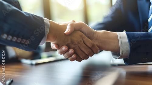  Businessmen shaking hands for success and a deal, close up of two businessmen in suits making a handshake on a table at an office photo