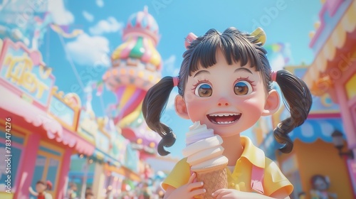 3D chubbi girl cartoon character savoring ice cream, pastel colored amusement park behind