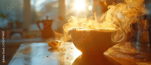 Steam rising from hot coffee, close-up, morning light, sharp focus on cup surface