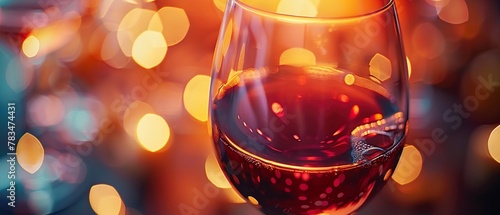 Red wine glass, close-up, soft focus on rim, warm evening light, deep ruby color