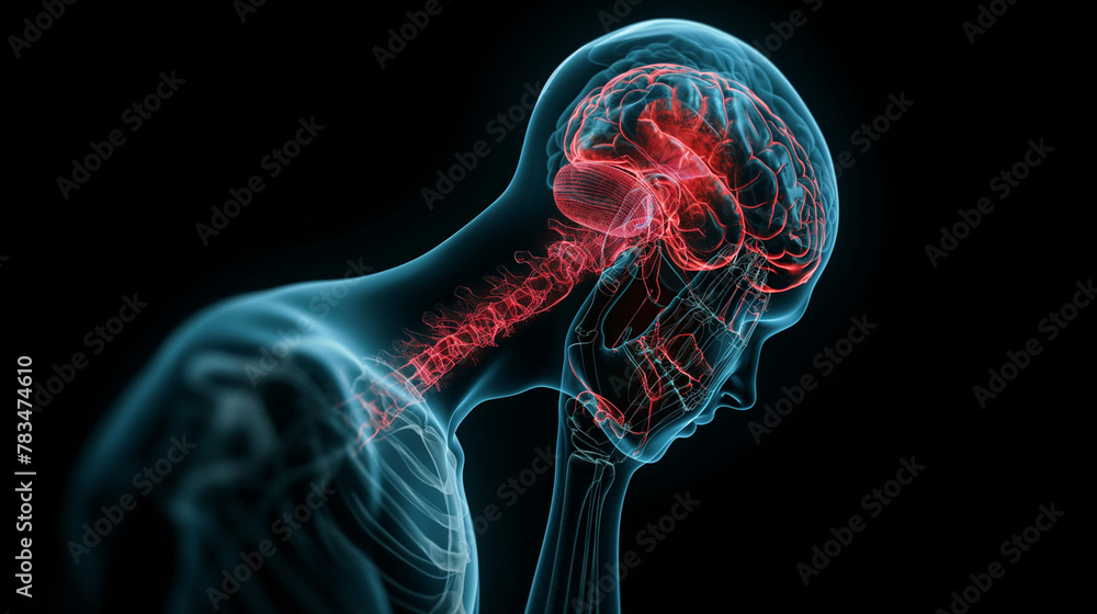 Headache migraine. Human x-ray profile with brain, pain location highlighted in red. Isolated on black background. Headache migraine. Human x-ray profile with brain, pain location highlighted in red. Isolated on black background.