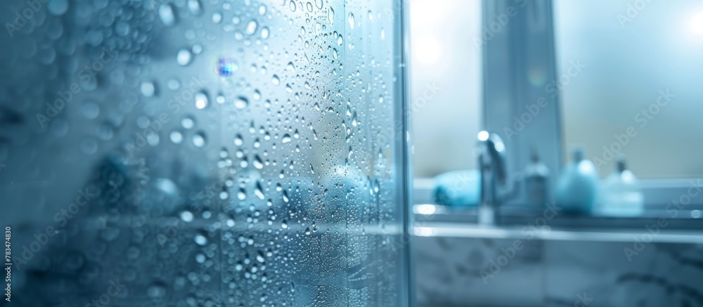 Close-up view of water droplets adorning a shower glass surface, creating an aesthetic pattern Close-up view of water droplets adorning a shower glass surface, creating an aesthetic pattern
