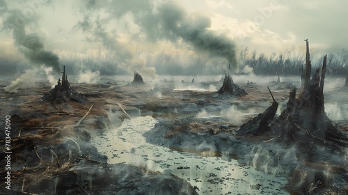 illustration of A dark and eerie landscape showing the aftermath of a wildfire © Li