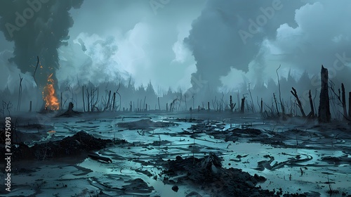 illustration of A dark and eerie landscape showing the aftermath of a wildfire photo