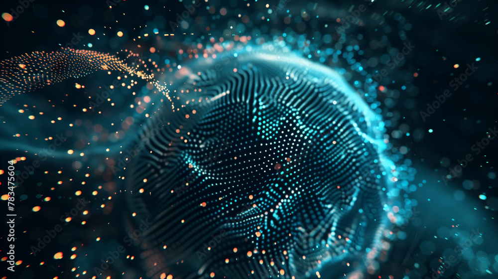 Looped distortion waves on abstract sphere of particles. Digital data splash of spherical point array. Futuristic glitch UI element.
Looped distortion waves on abstract sphere of particles. Digital data splash of spherical point array. Futuristic glitch UI element.