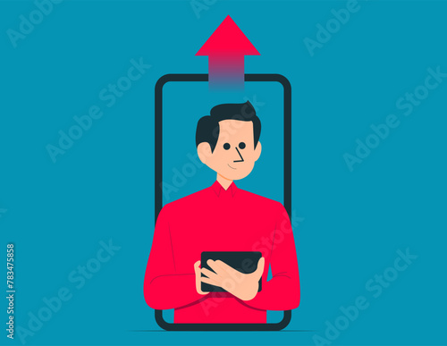 Person finding investment on smartphone. Digital marketing vector