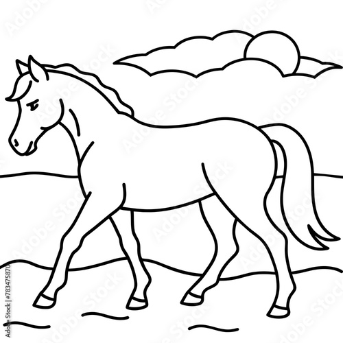         horse walks along the seashore colouring page.
