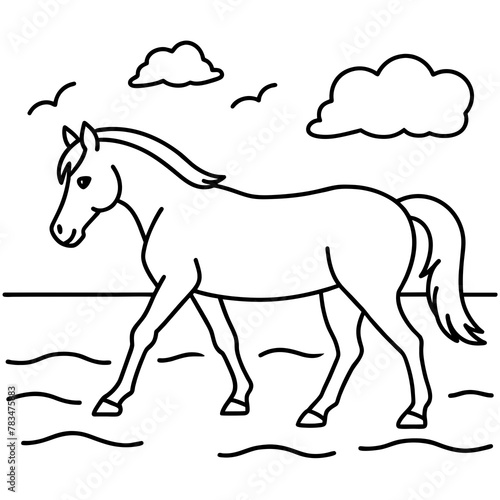        horse walks along the seashore colouring page.
