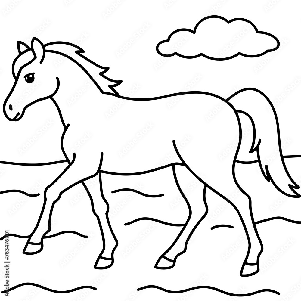         horse walks along the seashore colouring page.
