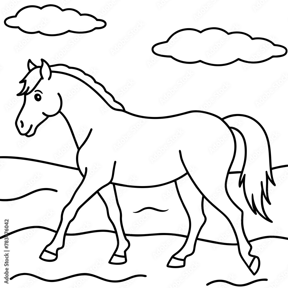 Fototapeta premium Horse walks along the seashore colouring page.