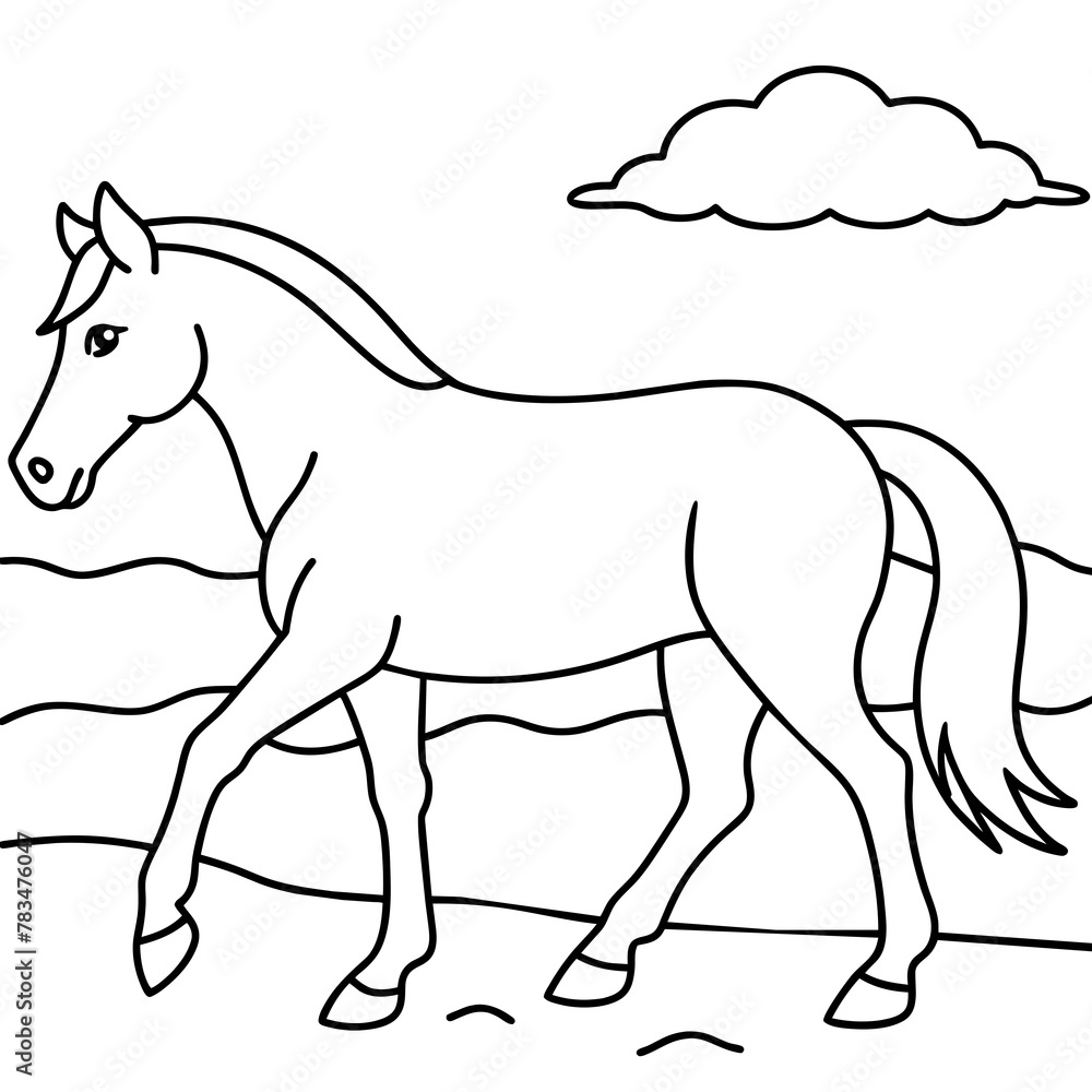 Fototapeta premium Horse walks along the seashore colouring page. 