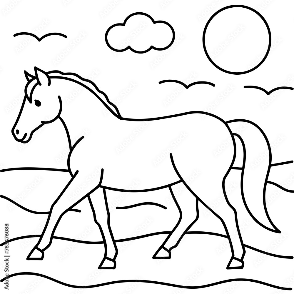 Obraz premium Horse walks along the seashore colouring page.