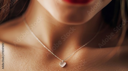 A tiny silver charm in the shape of a heart dangles from a delicate necklace resting on the exposed collarbone of a young woman and leaving a small indentation. .