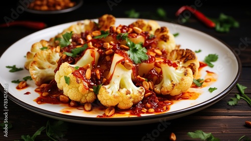Delicious cauliflower with red chili sauce on plate. Organic vegetable vegan food and plant nutrition concept.