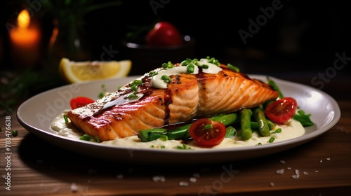 Delicious grilled salmon fillet with fresh vegetable on plate. 
