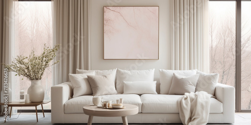 Elegant scandi boho modern living room with mockup frame modern minimal beige living room interior design photo
