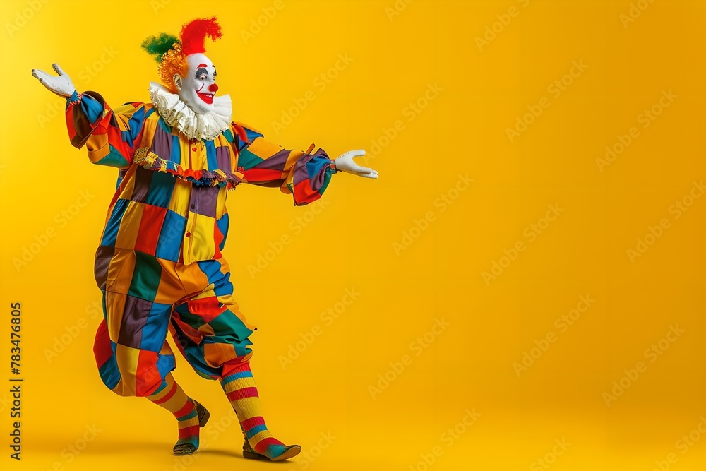 Clown dancing on yellow background. Clowncore, circus aesthetics concept. Happy atmosphere. Banner with copy space. Performance and carnival Clown dancing on yellow background. Clowncore, circus aesthetics concept. Happy atmosphere. Banner with copy space. Performance and carnival