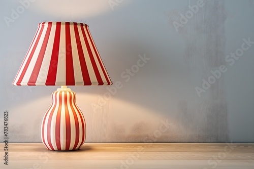 Striped lampshade on table against grey background. Circus tent chic trend. Interior design and home decor concept. Banner with copy space