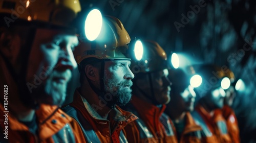 Seven surveyors with headlamps and illuminated measuring tapes move swiftly and efficiently through the eerie darkness of a remote mining site united by their unwavering dedication .