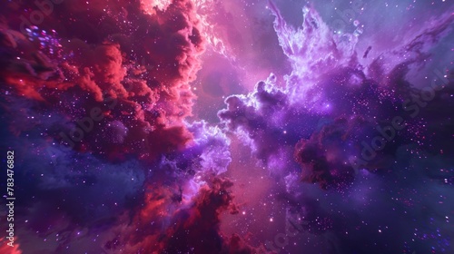A stunning mosaic of red purple and blue explosions dance a the cosmic dust clouds in deep space.