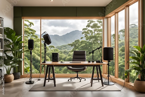  Modern podcast studio or interview room at a home office with a beautiful and calm natural background design.  photo