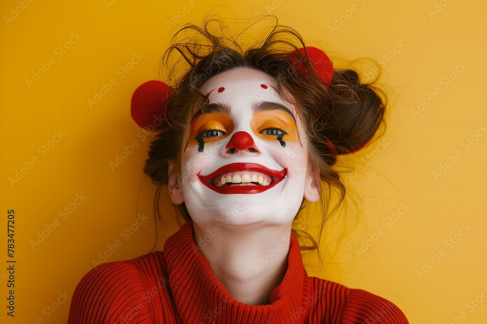 Woman with clown makeup laughing on yellow background. Clowncore, circus aesthetics concept. Happy atmosphere. Studio portrait